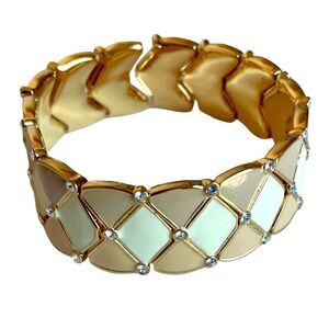 Vintage Joan Rivers Pink & Ivory Enamel Stretch Bracelet With Swarovski Crystals